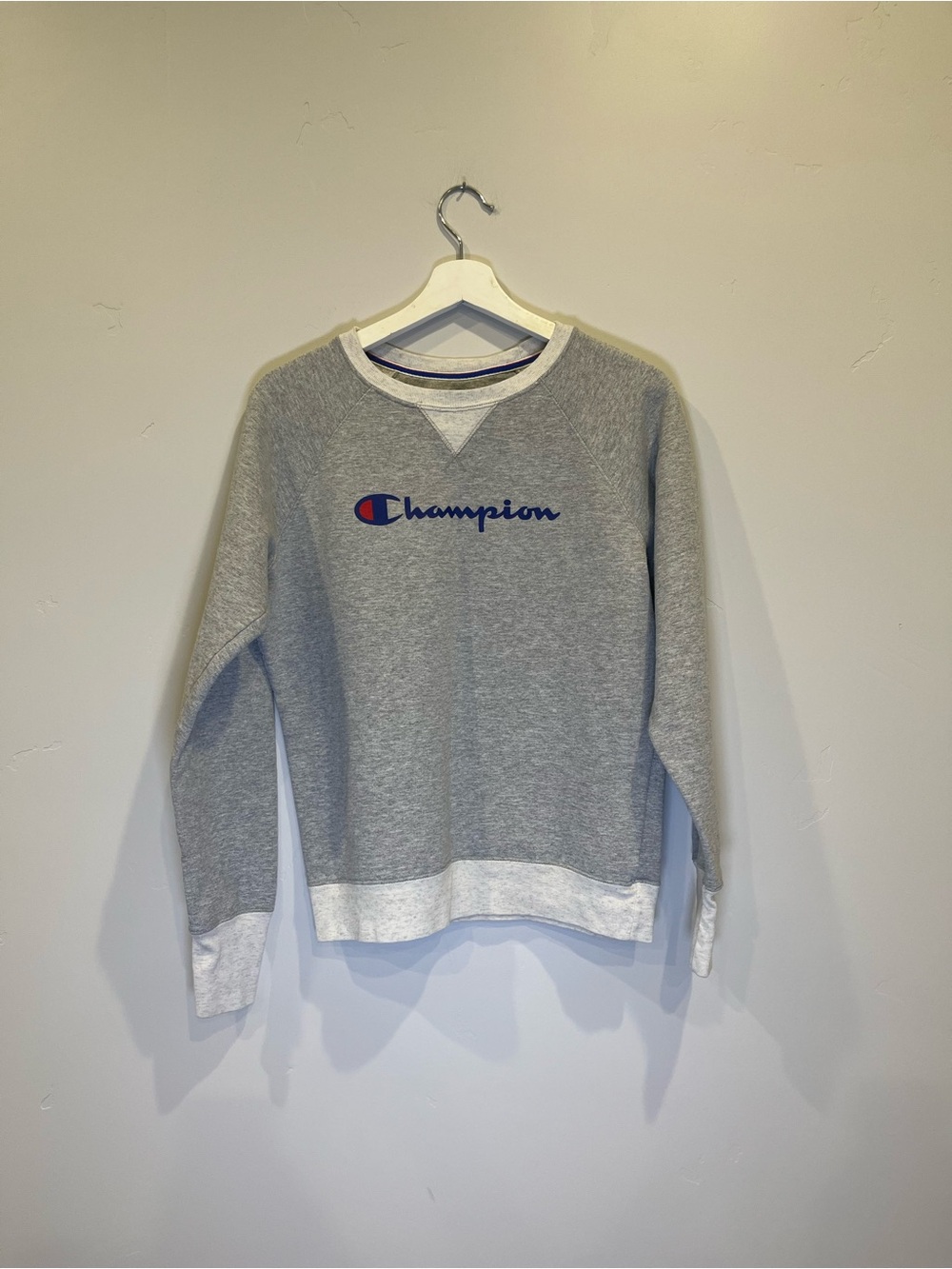 Champion Gray Crewneck Sweatshirt with Navy Logo and Red Accent